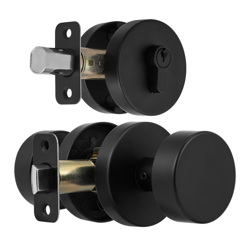 naubea Exterior Black Door Knob with Single Cylinder Deadbolt Lock Set, Round Entry Door Knob with Deadbolt Locksets, Matte Black Front Door Lock Set, Black Front Door Handle and Deadbolt Set - Image 2